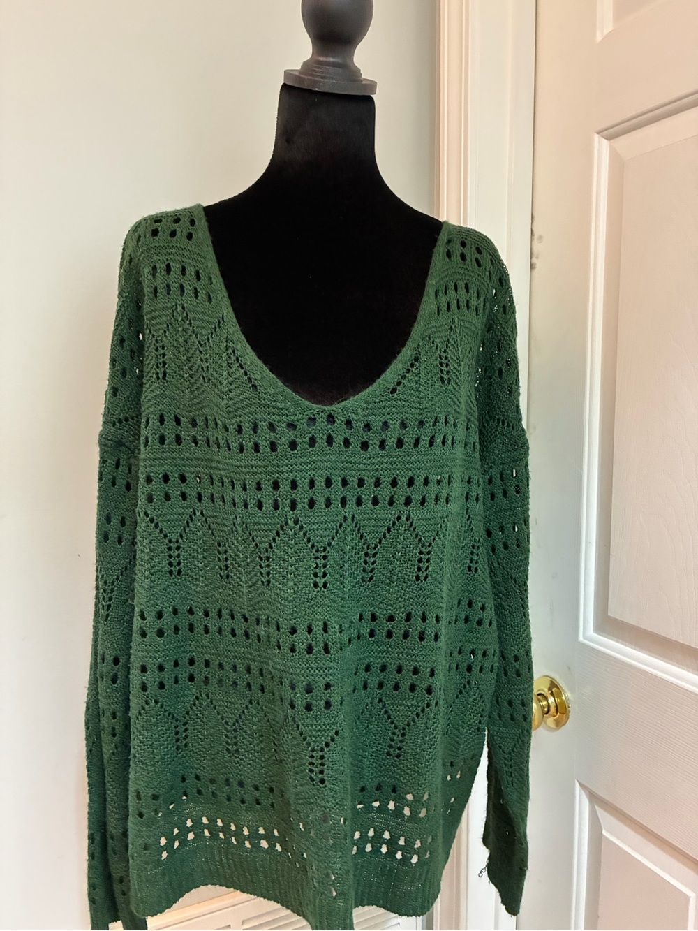 Source Unknown Dark Green Openwork V-Neck Sweater
